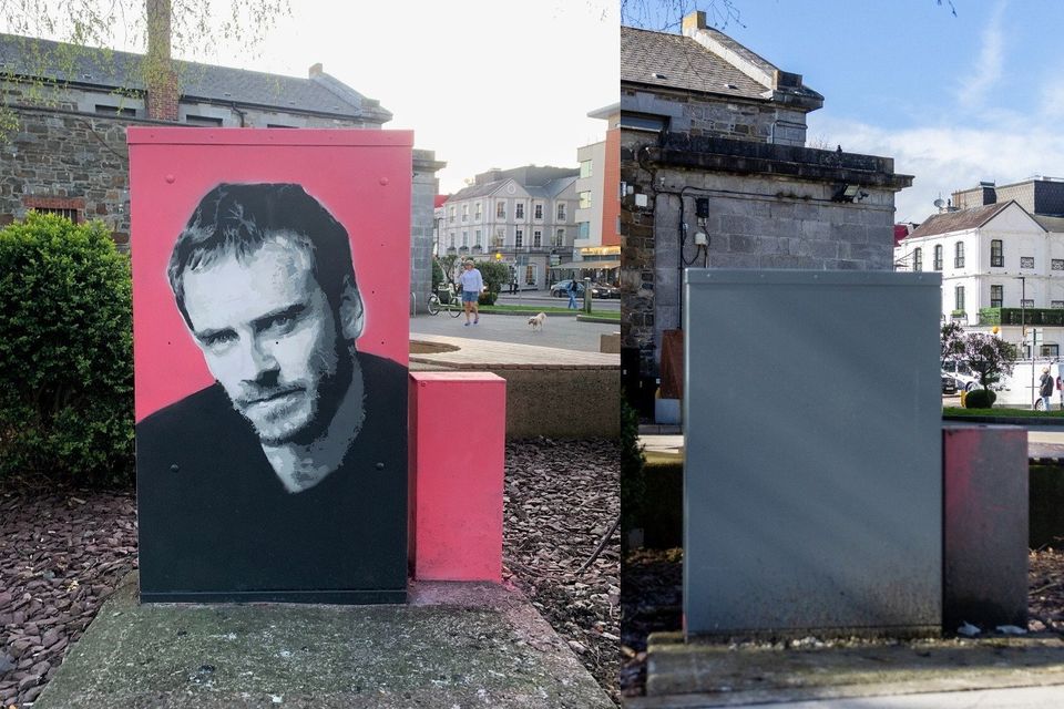 LEFT: The mural by Kerry artist Paul Egan that was commisioned less than 12 months ago of Killarney acting star Michael Fassbender on a power box at East Avenue Road in Killarney and RIGHT: the same power box as of March 9, 2026 with the mural now covered up.